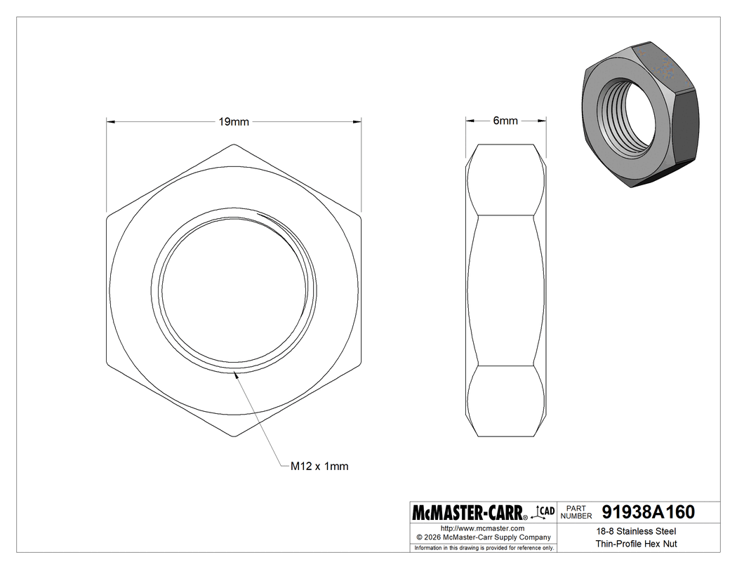 Technical Drawing of 18-8 Stainless Steel Thin-Profile Hex Nut, M12 x 1 mm Thread, 6 mm High.